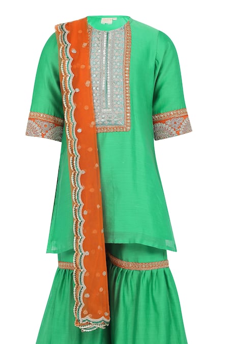 Buy_Minime Organics_Green Chanderi Silk, Cotton Lace, Sequins Embroidered Kurta Sharara Set _Online_at_Aza_Fashions