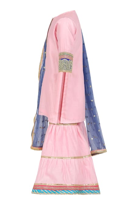 Minime Organics_Pink Chanderi Silk, Cotton, Chiffon Lace, Sequins Embroidered Kurta Sharara Set _Online_at_Aza_Fashions