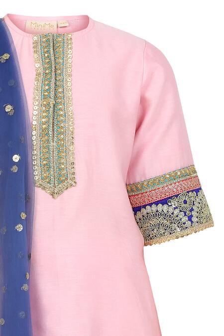 Buy_Minime Organics_Pink Chanderi Silk, Cotton, Chiffon Lace, Sequins Embroidered Kurta Sharara Set _Online_at_Aza_Fashions