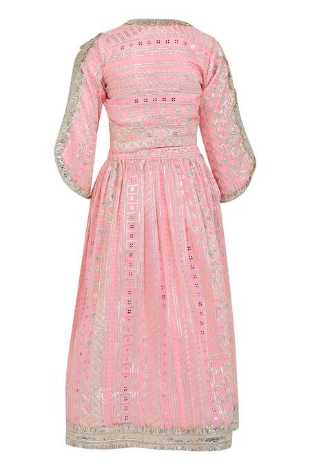 Shop Minime Organics Pink Georgette, Cotton Sequins, Gota Threadwork Embellished Lehenga Set at Aza Fashions Shop_Minime Organics_Pink Georgette, Cotton Sequins, Gota Threadwork Embellished Lehenga Set_at_Aza_Fashions