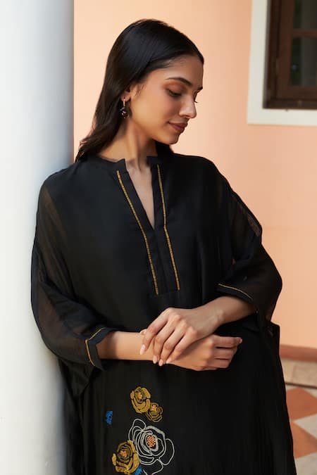 Shop_Vaayu_Black Muslin, Cotton Embroidery Floral Thread Kurta With Pant_Online_at_Aza_Fashions