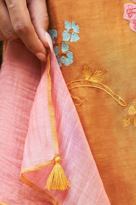 Buy Vaayu Orange Muslin, Cotton Embroidery, Tassels Round Floral Applique Kurta Pant Set Online at Aza Fashions Buy_Vaayu_Orange Muslin, Cotton Embroidery, Tassels Round Floral Applique Kurta Pant Set _Online_at_Aza_Fashions
