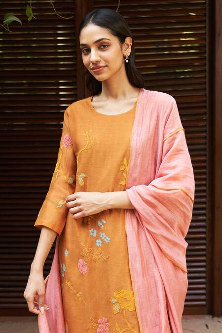 Shop Vaayu Orange Muslin, Cotton Embroidery, Tassels Round Floral Applique Kurta Pant Set Online at Aza Fashions Shop_Vaayu_Orange Muslin, Cotton Embroidery, Tassels Round Floral Applique Kurta Pant Set _Online_at_Aza_Fashions