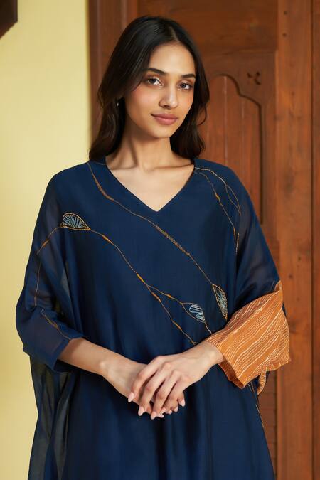 Shop Vaayu Blue Muslin, Cotton Embroidery V-neck Linear Kurta And Pant Set Online at Aza Fashions Shop_Vaayu_Blue Muslin, Cotton Embroidery V-neck Linear Kurta And Pant Set_Online_at_Aza_Fashions