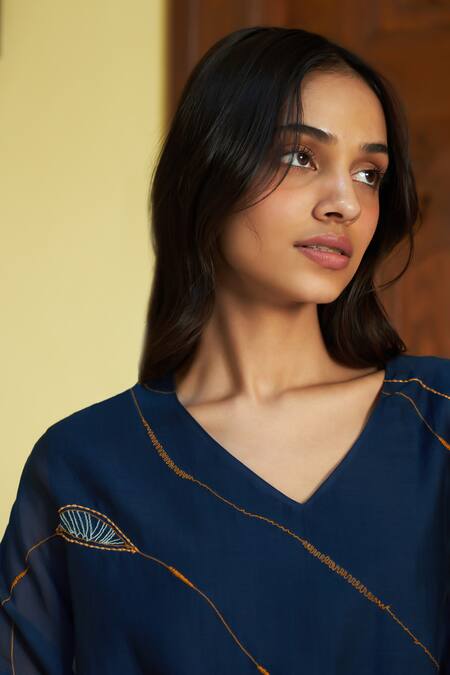 Vaayu Blue Muslin, Cotton Embroidery V-neck Linear Kurta And Pant Set at Aza Fashions Vaayu_Blue Muslin, Cotton Embroidery V-neck Linear Kurta And Pant Set_at_Aza_Fashions