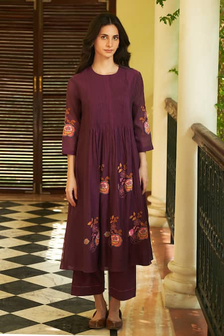 Vaayu Purple Muslin Cotton Embroidered Floral Round Pintucked Kurta And Pant Set 