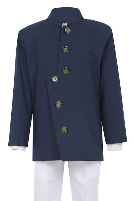 Shop_Minime Organics_Blue Polyester Embroidery Plain Asymmetric Panel Bandhgala Pant Set _Online_at_Aza_Fashions