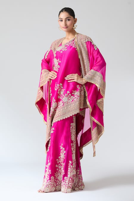 Anamika Khanna Pink Silk, Chiffon, Georgette, Cotton Embroidery, Gota Floral Tunic And Pant Set at Aza Fashions Anamika Khanna_Pink Silk, Chiffon, Georgette, Cotton Embroidery, Gota Floral Tunic And Pant Set_at_Aza_Fashions