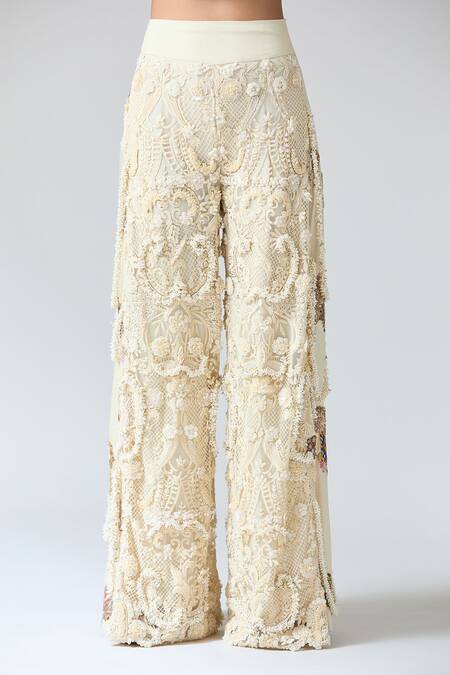 Buy_Anamika Khanna_Cream Cotton Gota Patti, Pearls, Embroidery, Lace High Neck Floral Kurta Set_Online_at_Aza_Fashions