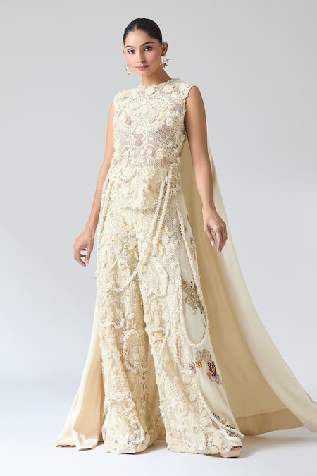 Shop_Anamika Khanna_Cream Cotton Gota Patti, Pearls, Embroidery, Lace High Neck Floral Kurta Set_Online_at_Aza_Fashions