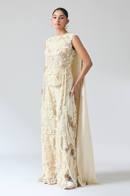 Anamika Khanna_Cream Cotton Gota Patti, Pearls, Embroidery, Lace High Neck Floral Kurta Set_at_Aza_Fashions