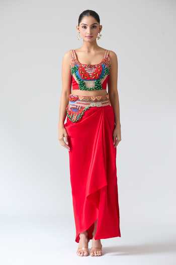 Anamika Khanna_Red Cotton, Georgette Beads, Sequins, Embroidery Floral Cape And Draped Skirt Set _Online_at_Aza_Fashions