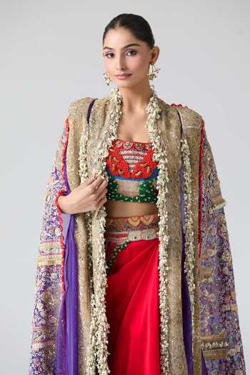 Buy_Anamika Khanna_Red Cotton, Georgette Beads, Sequins, Embroidery Floral Cape And Draped Skirt Set _Online_at_Aza_Fashions