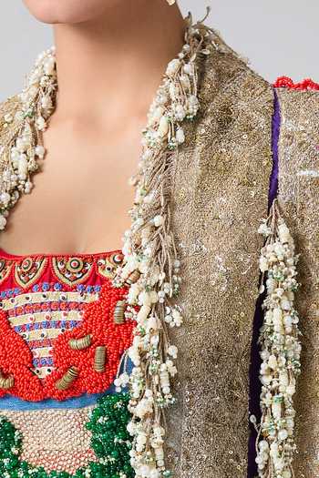 Shop_Anamika Khanna_Red Cotton, Georgette Beads, Sequins, Embroidery Floral Cape And Draped Skirt Set _Online_at_Aza_Fashions