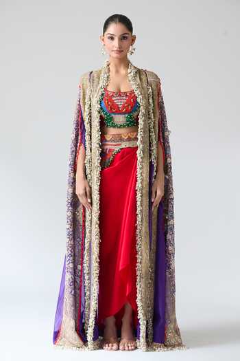 Anamika Khanna_Red Cotton, Georgette Beads, Sequins, Embroidery Floral Cape And Draped Skirt Set _at_Aza_Fashions