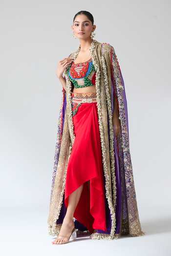 Buy_Anamika Khanna_Red Cotton, Georgette Beads, Sequins, Embroidery Floral Cape And Draped Skirt Set 