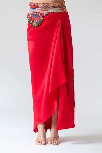 Shop_Anamika Khanna_Red Cotton, Georgette Beads, Sequins, Embroidery Floral Cape And Draped Skirt Set 