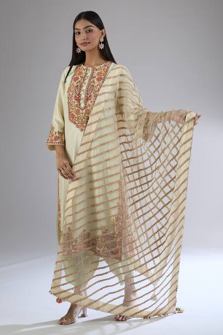 Debyani + CO Ivory Cotton, Chiffon Embroidery Round Neck Floral Kurta Dhoti Pant Set Online at Aza Fashions Debyani + CO_Ivory Cotton, Chiffon Embroidery Round Neck Floral Kurta Dhoti Pant Set _Online_at_Aza_Fashions