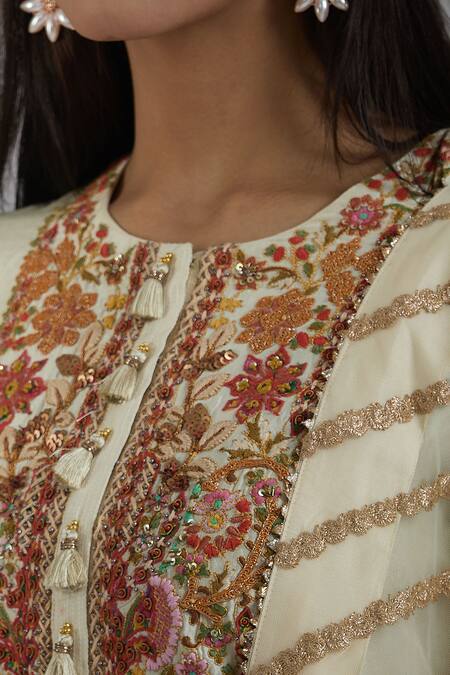 Buy Debyani + CO Ivory Cotton, Chiffon Embroidery Round Neck Floral Kurta Dhoti Pant Set Online at Aza Fashions Buy_Debyani + CO_Ivory Cotton, Chiffon Embroidery Round Neck Floral Kurta Dhoti Pant Set _Online_at_Aza_Fashions