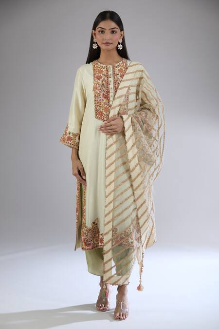 Debyani + CO Ivory Cotton, Chiffon Embroidery Round Neck Floral Kurta Dhoti Pant Set at Aza Fashions Debyani + CO_Ivory Cotton, Chiffon Embroidery Round Neck Floral Kurta Dhoti Pant Set _at_Aza_Fashions