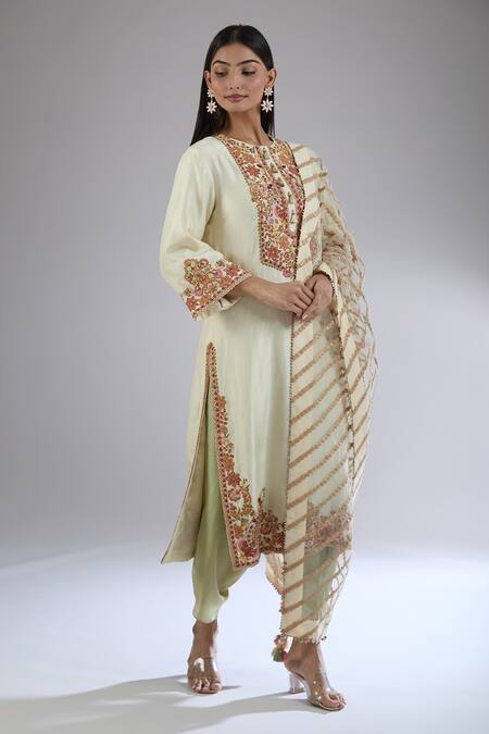 Buy Debyani + CO Ivory Cotton, Chiffon Embroidery Round Neck Floral Kurta Dhoti Pant Set Buy_Debyani + CO_Ivory Cotton, Chiffon Embroidery Round Neck Floral Kurta Dhoti Pant Set