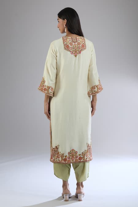 Shop Debyani + CO Ivory Cotton, Chiffon Embroidery Round Neck Floral Kurta Dhoti Pant Set at Aza Fashions Shop_Debyani + CO_Ivory Cotton, Chiffon Embroidery Round Neck Floral Kurta Dhoti Pant Set _at_Aza_Fashions