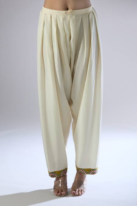 Debyani + CO_Yellow Cotton Embroidery, Mirrors Round Neck Floral Cape Pant Set_Online_at_Aza_Fashions