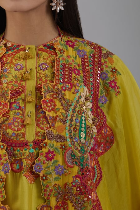 Buy_Debyani + CO_Yellow Cotton Embroidery, Mirrors Round Neck Floral Cape Pant Set_Online_at_Aza_Fashions