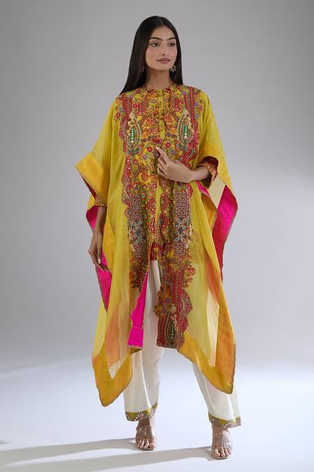 Shop_Debyani + CO_Yellow Cotton Embroidery, Mirrors Round Neck Floral Cape Pant Set_Online_at_Aza_Fashions