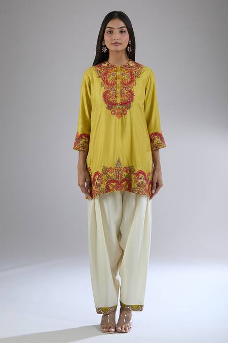 Buy_Debyani + CO_Yellow Cotton Embroidery, Mirrors Round Neck Floral Cape Pant Set