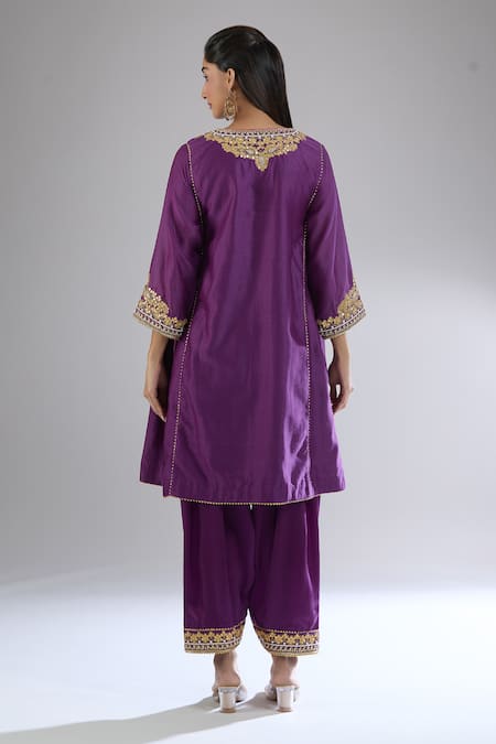 Shop Sheetal Batra Purple Cotton Embroidery Button-down Neck Gold Kurta Set at Aza Fashions Shop_Sheetal Batra_Purple Cotton Embroidery Button-down Neck Gold Kurta Set _at_Aza_Fashions
