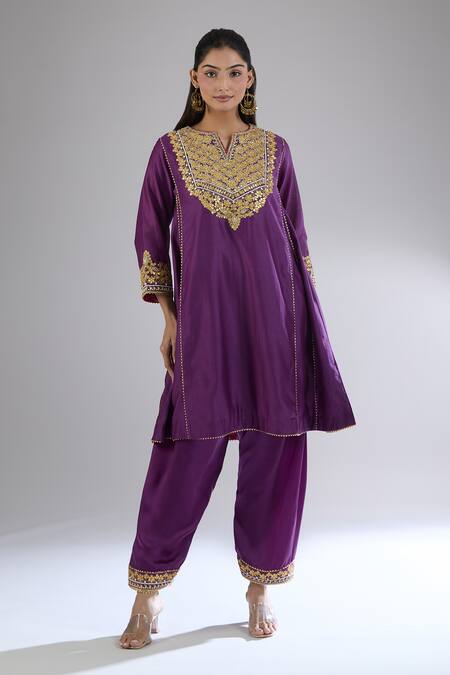 Sheetal Batra Purple Cotton Embroidery Button-down Neck Gold Kurta Set Online at Aza Fashions Sheetal Batra_Purple Cotton Embroidery Button-down Neck Gold Kurta Set _Online_at_Aza_Fashions