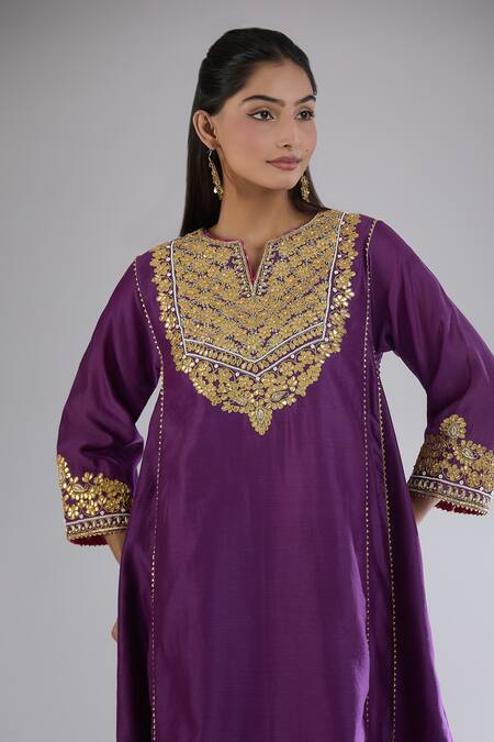 Buy Sheetal Batra Purple Cotton Embroidery Button-down Neck Gold Kurta Set Online at Aza Fashions Buy_Sheetal Batra_Purple Cotton Embroidery Button-down Neck Gold Kurta Set _Online_at_Aza_Fashions