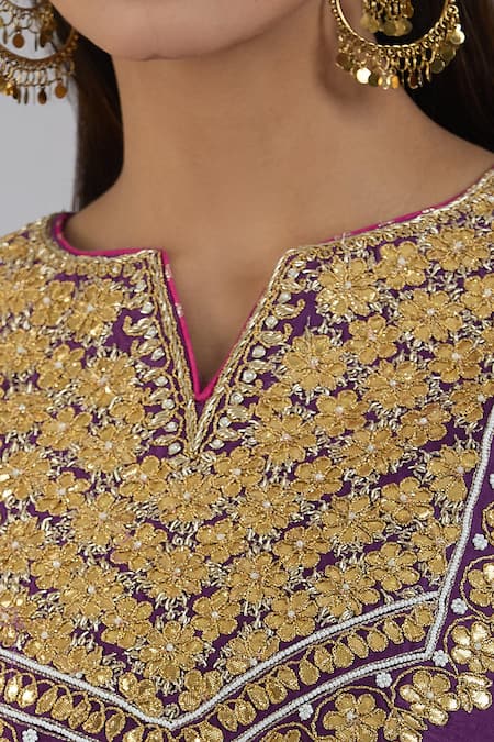 Shop Sheetal Batra Purple Cotton Embroidery Button-down Neck Gold Kurta Set Online at Aza Fashions Shop_Sheetal Batra_Purple Cotton Embroidery Button-down Neck Gold Kurta Set _Online_at_Aza_Fashions