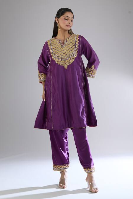 Buy Sheetal Batra Purple Cotton Embroidery Button-down Neck Gold Kurta Set Buy_Sheetal Batra_Purple Cotton Embroidery Button-down Neck Gold Kurta Set