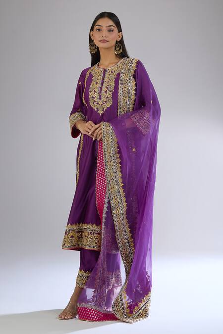 Sheetal Batra Purple Cotton, Chiffon Beads, Sequins, Embroidery Floral Gota Patti Kurta Set Online at Aza Fashions Sheetal Batra_Purple Cotton, Chiffon Beads, Sequins, Embroidery Floral Gota Patti Kurta Set _Online_at_Aza_Fashions