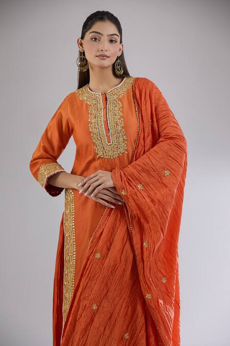 Buy Sheetal Batra Orange Cotton, Chiffon Gota Patti, Embroidery Round Neck Floral Kurta Set Online at Aza Fashions Buy_Sheetal Batra_Orange Cotton, Chiffon Gota Patti, Embroidery Round Neck Floral Kurta Set _Online_at_Aza_Fashions