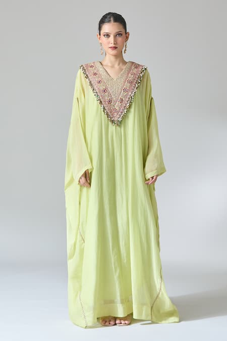 Anamika Khanna_Green Cotton Sequins, Beads Plunge Neck Zari Thread Embroidered Kaftan Dress _Online_at_Aza_Fashions