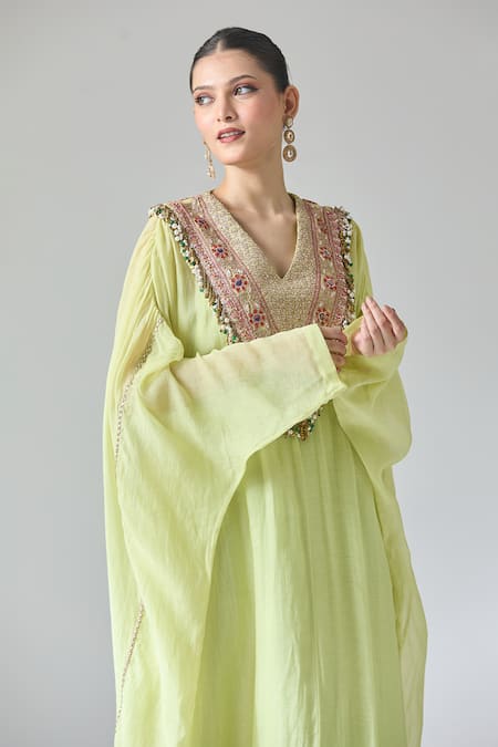 Buy_Anamika Khanna_Green Cotton Sequins, Beads Plunge Neck Zari Thread Embroidered Kaftan Dress _Online_at_Aza_Fashions