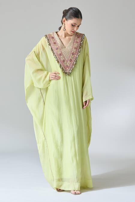 Shop_Anamika Khanna_Green Cotton Sequins, Beads Plunge Neck Zari Thread Embroidered Kaftan Dress _Online_at_Aza_Fashions