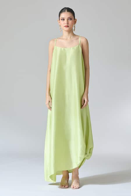 Anamika Khanna_Green Cotton Sequins, Beads Plunge Neck Zari Thread Embroidered Kaftan Dress _at_Aza_Fashions