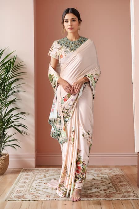 Anamika Khanna Pink Printed Floral Round Embroidered Saree With Blouse 