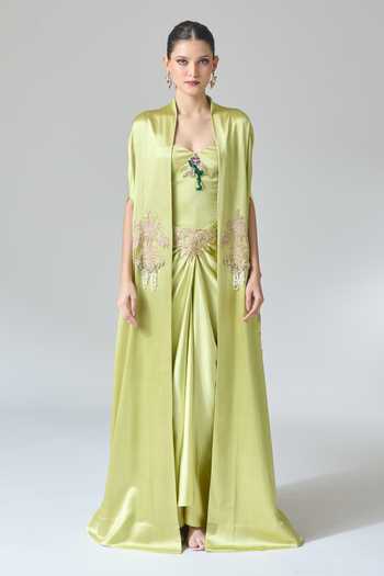 Anamika Khanna_Green Satin Zari, Embroidery Sweetheart Neck Thread Cape Skirt Set _Online_at_Aza_Fashions