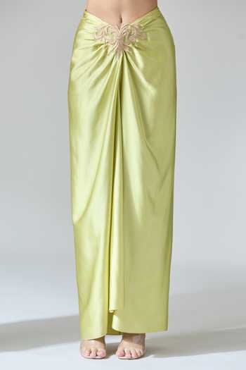 Buy_Anamika Khanna_Green Satin Zari, Embroidery Sweetheart Neck Thread Cape Skirt Set _Online_at_Aza_Fashions