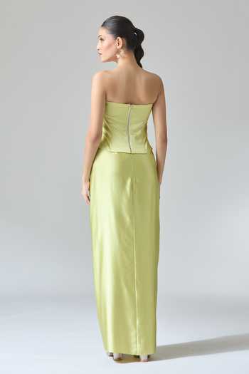 Shop_Anamika Khanna_Green Satin Zari, Embroidery Sweetheart Neck Thread Cape Skirt Set _Online_at_Aza_Fashions