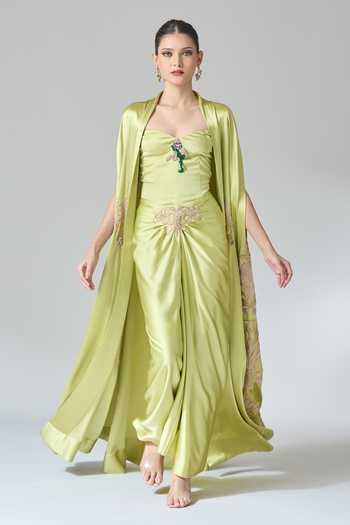 Anamika Khanna_Green Satin Zari, Embroidery Sweetheart Neck Thread Cape Skirt Set _at_Aza_Fashions