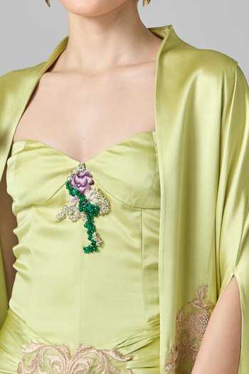 Buy_Anamika Khanna_Green Satin Zari, Embroidery Sweetheart Neck Thread Cape Skirt Set 