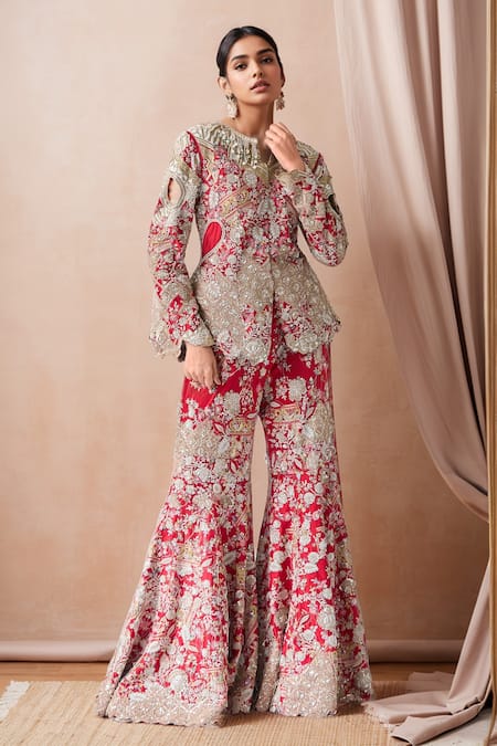 Anamika Khanna Zardozi Embroidered Peplum Top & Flared Pant Set 