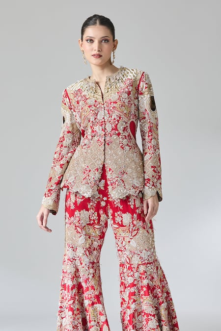 Anamika Khanna Red Silk, Cotton Zari, Sequins, Beads, Zardozi Peplum Top And Flared Pant Set Online at Aza Fashions Anamika Khanna_Red Silk, Cotton Zari, Sequins, Beads, Zardozi Peplum Top And Flared Pant Set_Online_at_Aza_Fashions