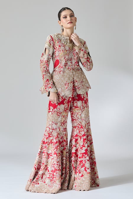Buy Anamika Khanna Red Silk, Cotton Zari, Sequins, Beads, Zardozi Peplum Top And Flared Pant Set Online at Aza Fashions Buy_Anamika Khanna_Red Silk, Cotton Zari, Sequins, Beads, Zardozi Peplum Top And Flared Pant Set_Online_at_Aza_Fashions